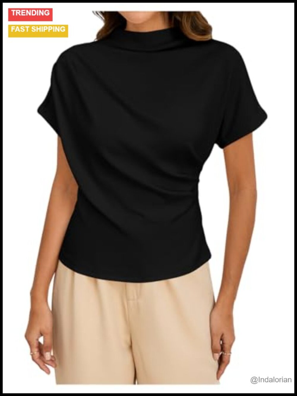 Mock Neck Asymmetric Ruched Short Sleeve Fitted Tee Blouse Top